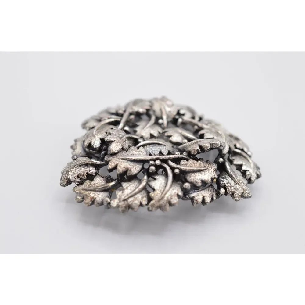 Vintage Leaf Pin Brooch Brushed Silver Pewter Textured Leaves Chunky 1980s 9B